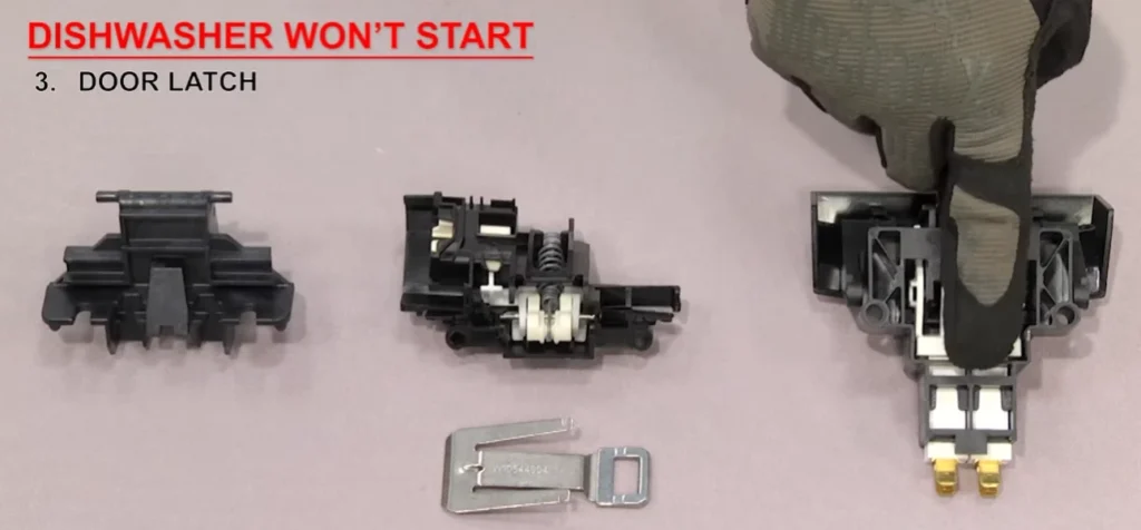 Gloved hand points to dishwasher door latch assembly labeled Door Latch repair.