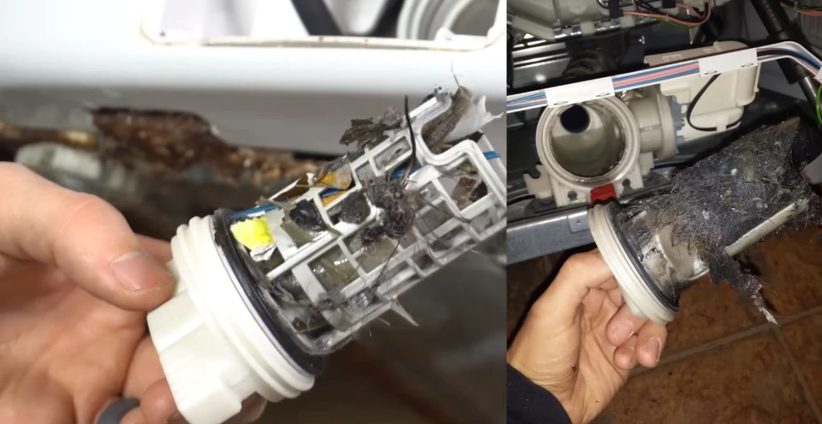 Hand holding clogged washer filter with lint beside empty filter compartment